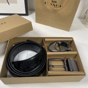 NWT Coach MEN'S Signature Black Men's Double Head Belt Box Set Adjustable 120cm
